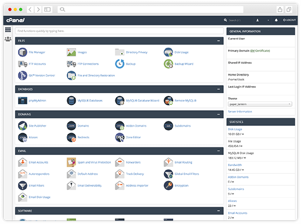 cPanel user interface